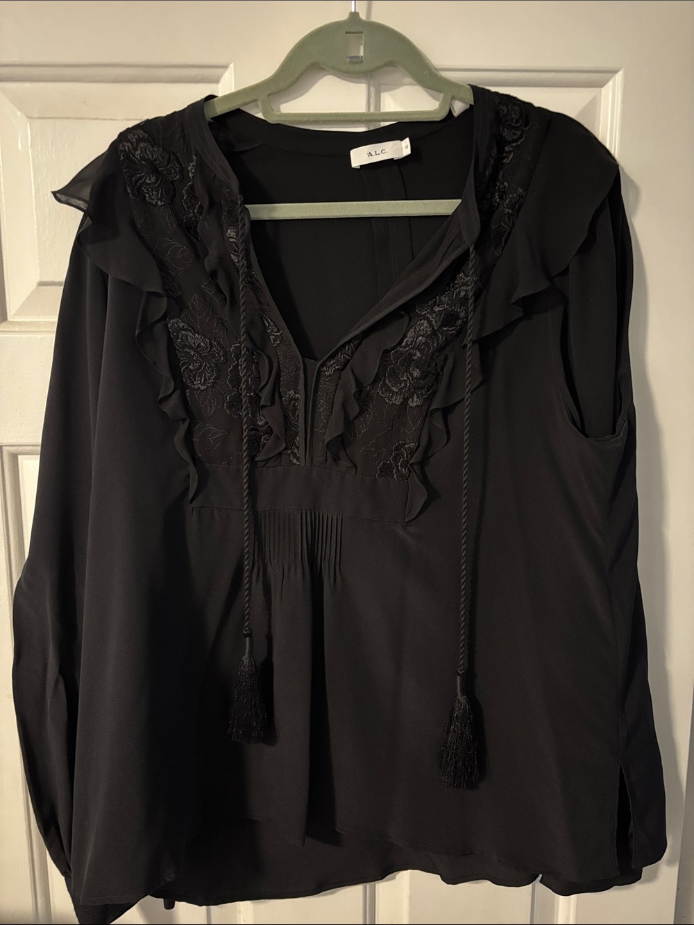 A.L.C. Black Ruffle Lace V-Neck Tassel Blouse